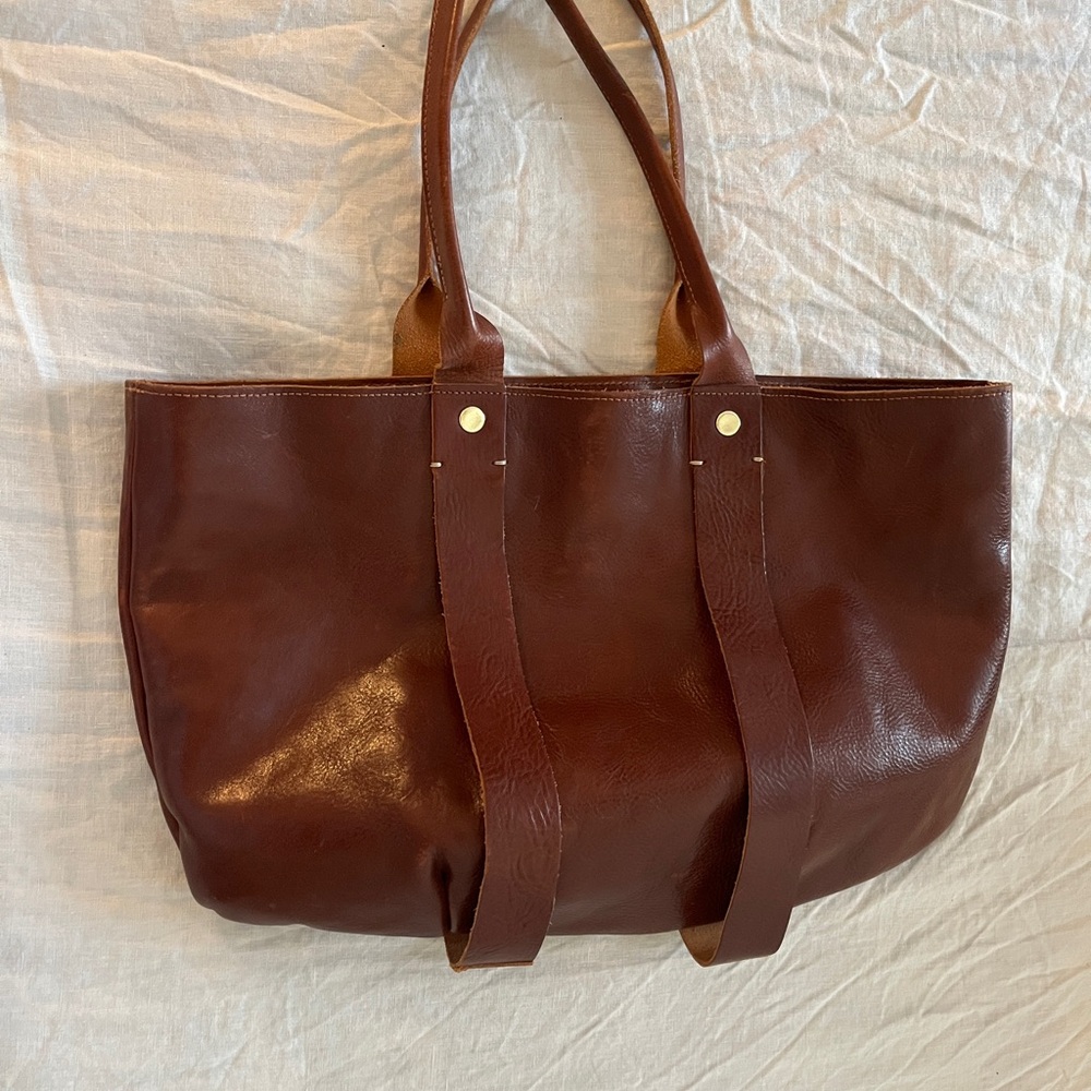 Clare V Brown Leather Tote Bag with Minimalist Design